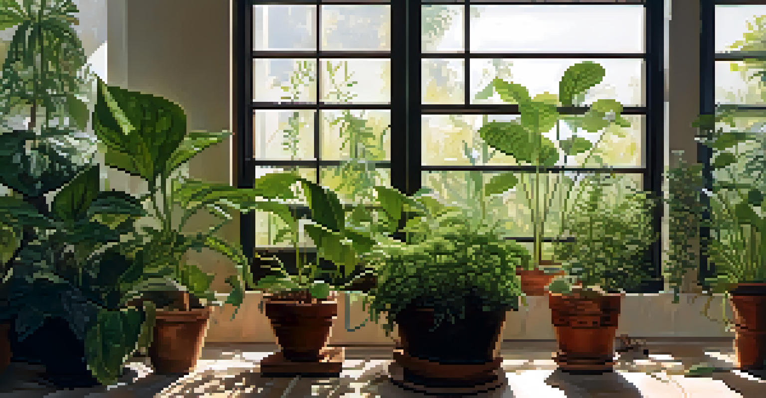 Indoor garden with various plants showing spider mite webs and a bottle of neem oil in the foreground.