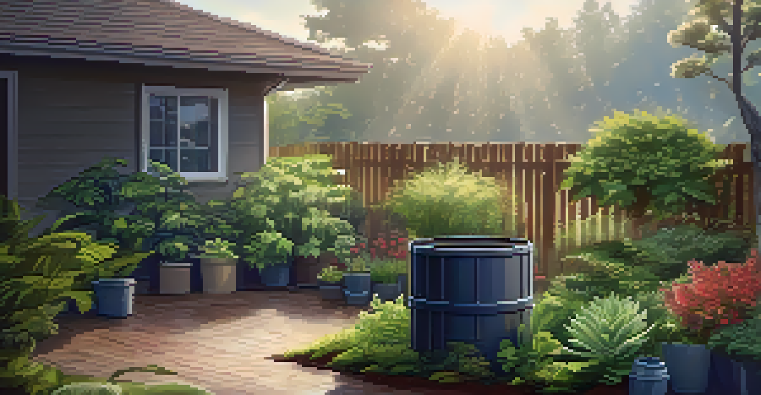 A rainwater harvesting setup in a garden with a rain barrel and lush plants, highlighting effective water management.