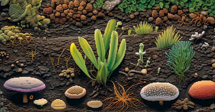 A close-up view of rich, dark soil filled with diverse microorganisms like bacteria and fungi among organic matter.