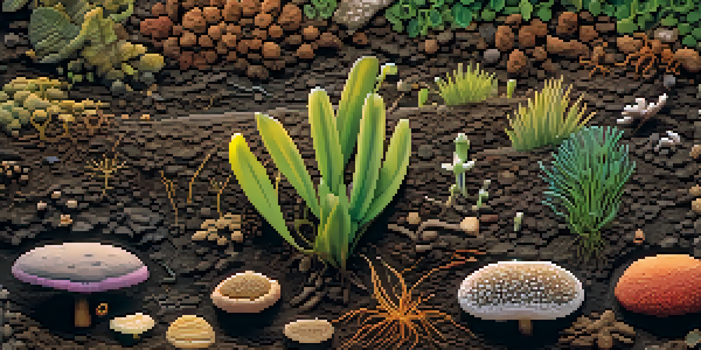 A close-up view of rich, dark soil filled with diverse microorganisms like bacteria and fungi among organic matter.