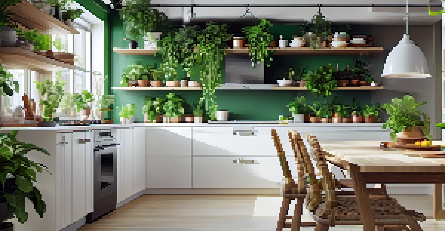 A kitchen with hanging Pothos plants on shelves, bright natural light illuminating the white cabinetry.