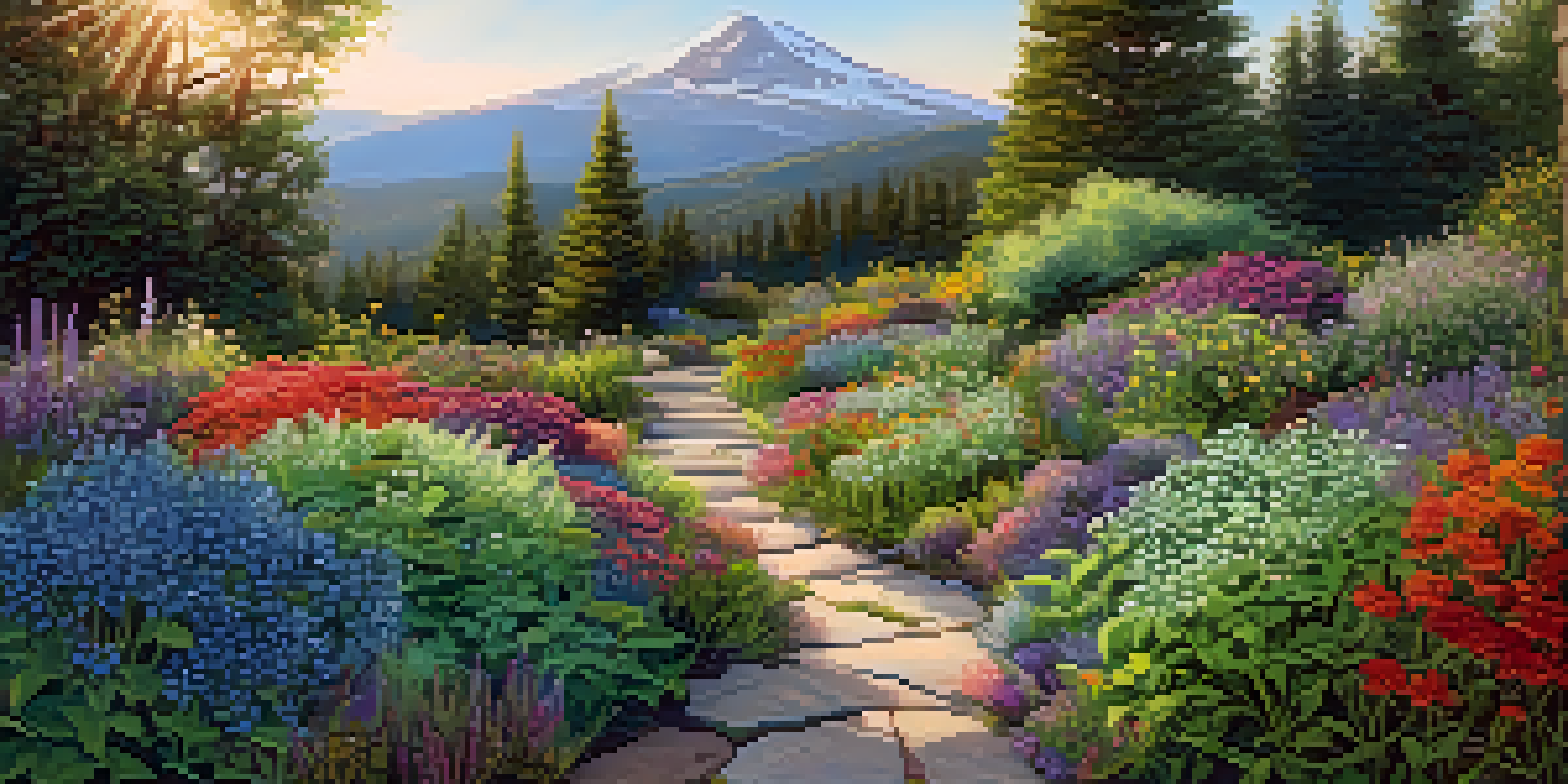 A sunny garden showcasing a variety of edible native plants, including wild blueberries and mountain mint, with colorful wildflowers and a winding pathway.
