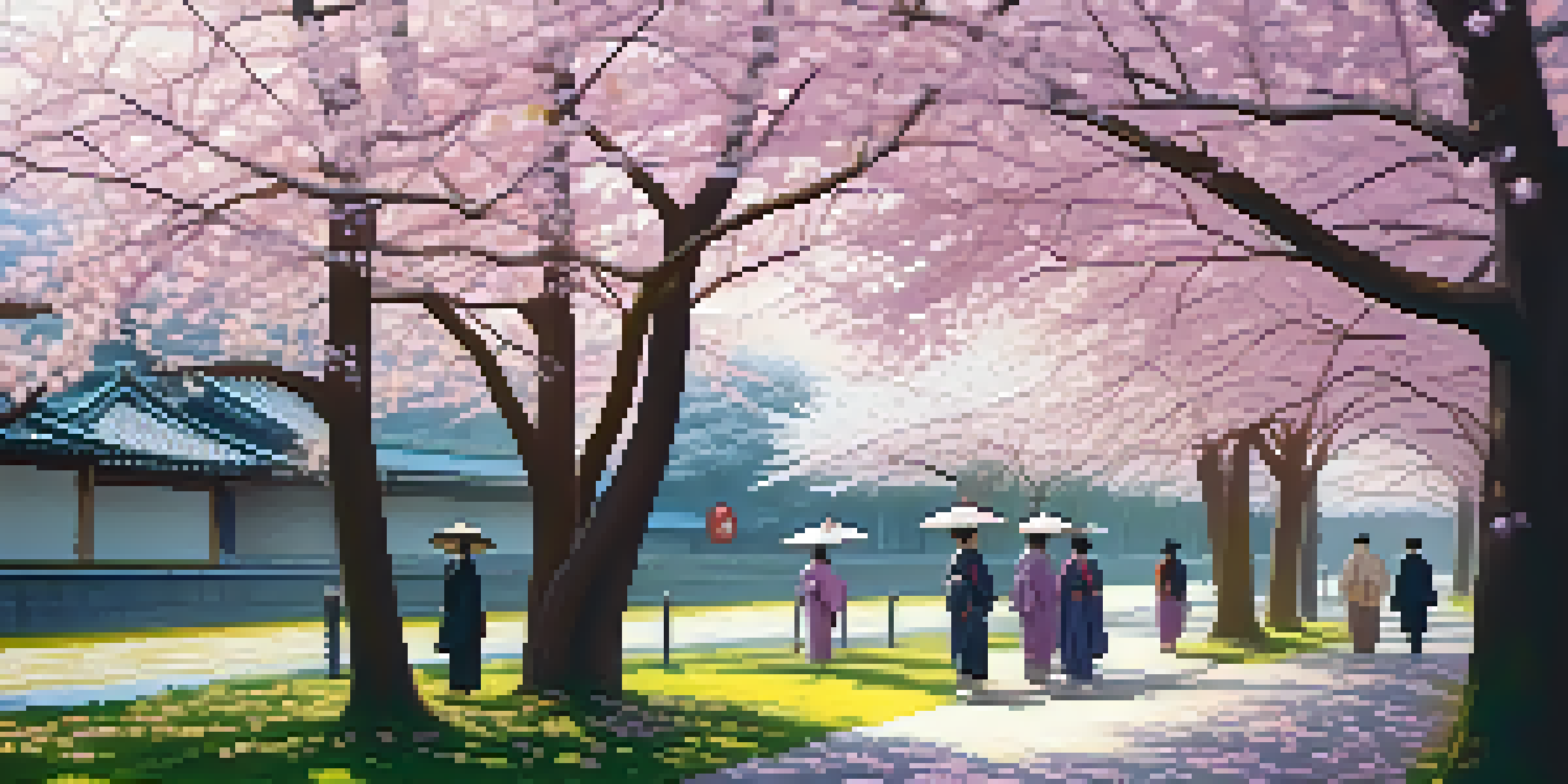 A picturesque view of pink cherry blossom trees with petals falling, and people wearing traditional clothing walking underneath.