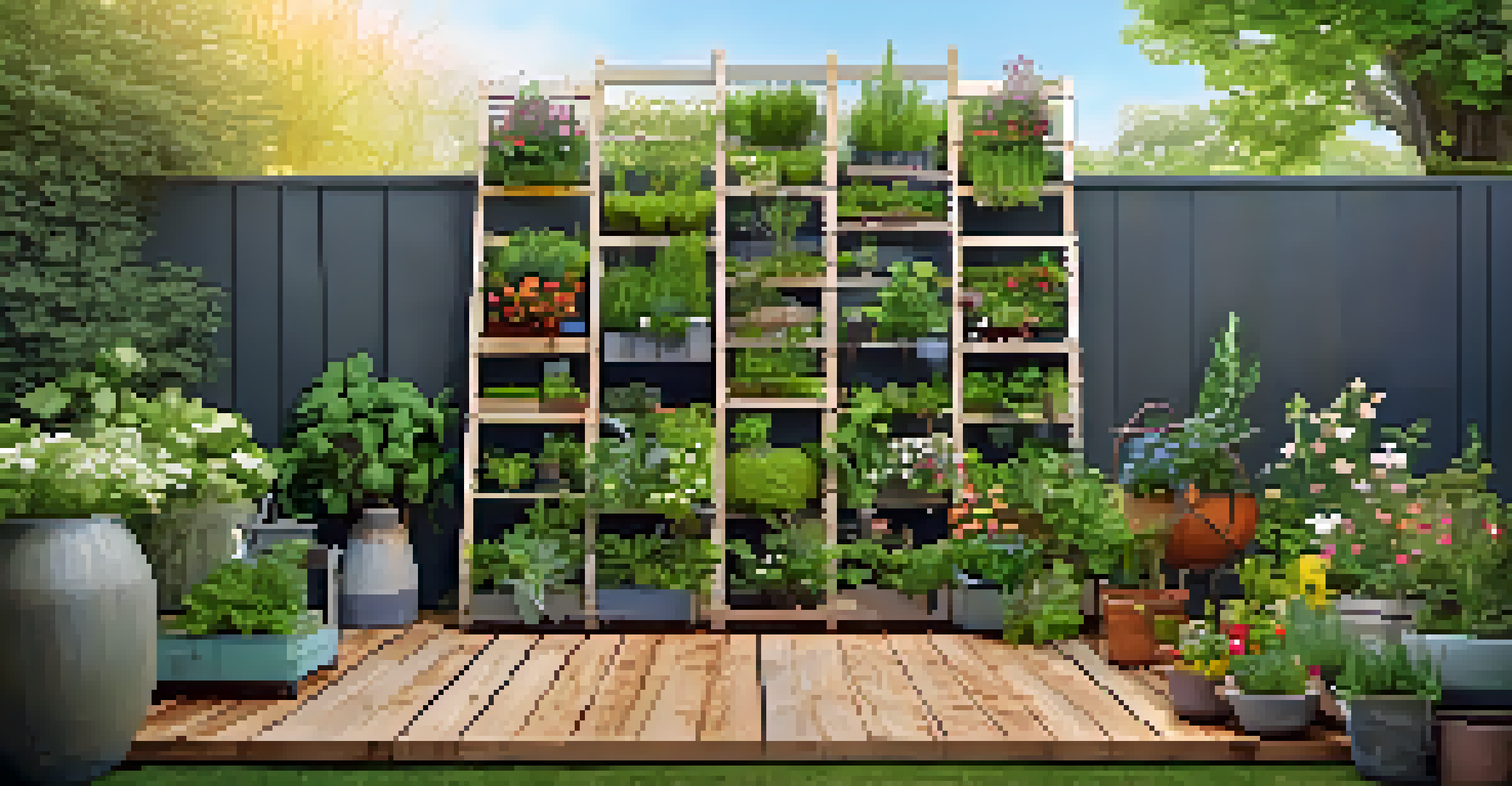 A creative vertical garden using repurposed materials like a ladder and pallets, filled with colorful plants in a sunny backyard.