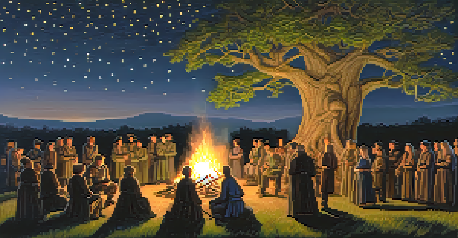 A lively Celtic festival with a bonfire made of oak wood, people in traditional clothing, and oak boughs hanging from trees.