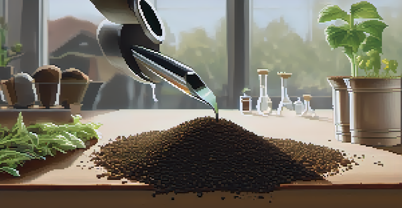 A close-up of a rich soil sample being tested in a lab, with gardening tools and nutrient charts in the background.