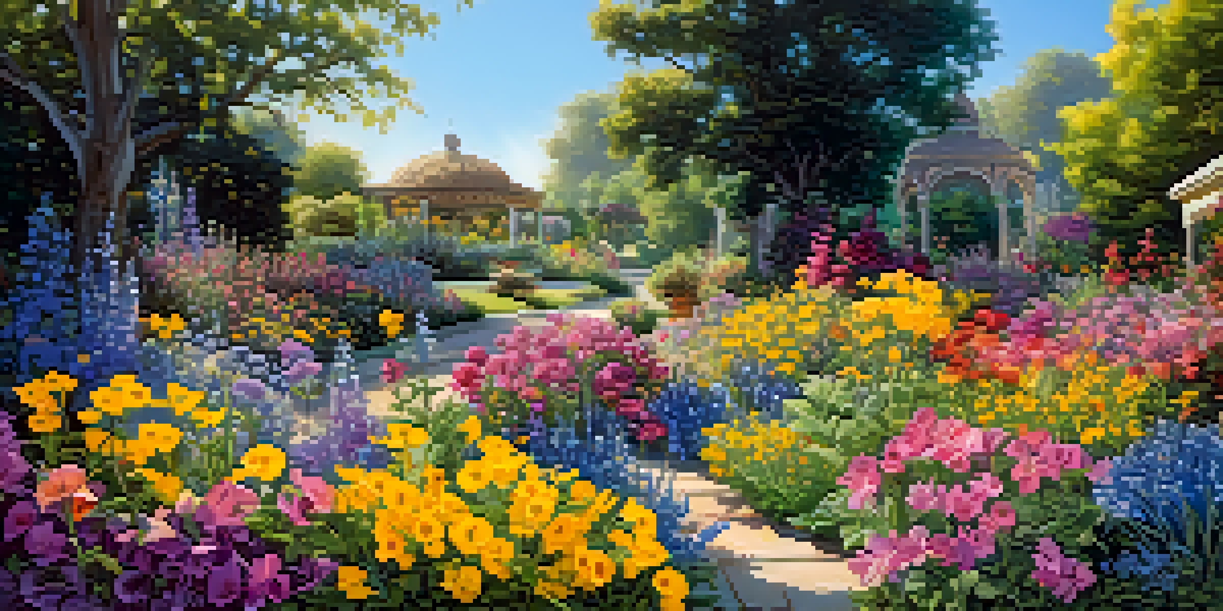 A colorful flower garden with bees and butterflies pollinating under a blue sky.