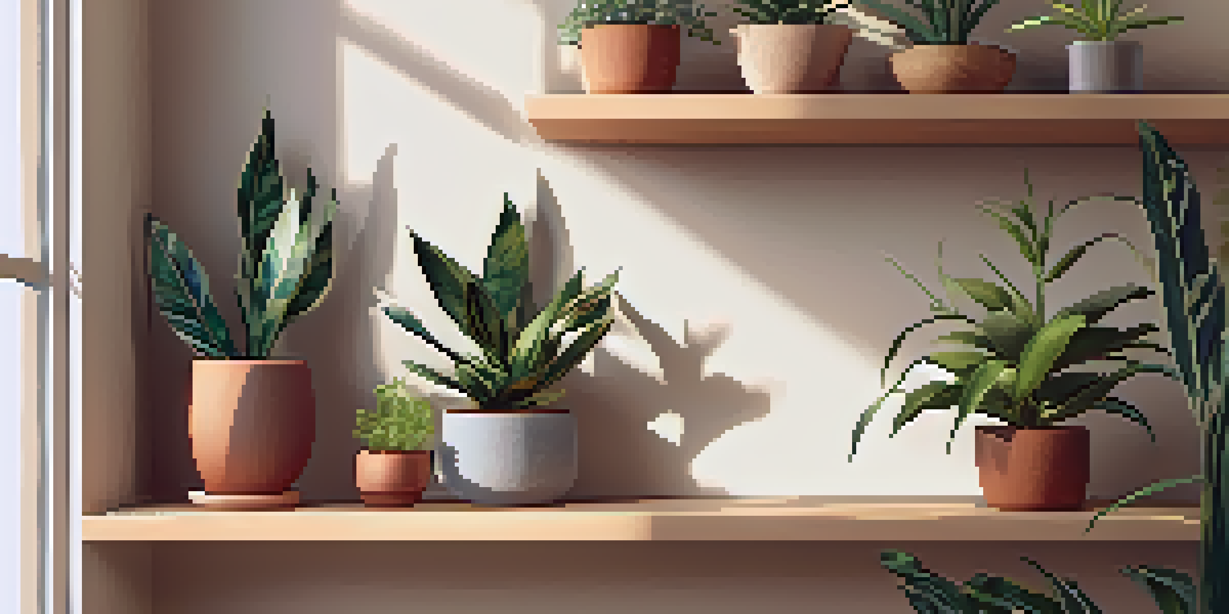 A cozy apartment corner with low-light indoor plants like a ZZ plant and a snake plant on a wooden shelf, illuminated by soft natural light.