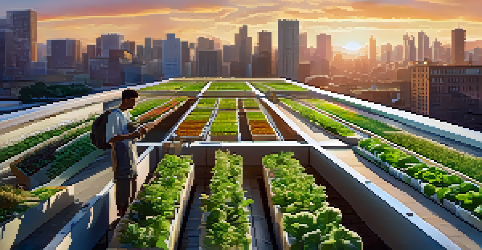 A rooftop farm with vertical hydroponic plants, colorful herbs, and vegetables, with a city skyline at sunset in the background.