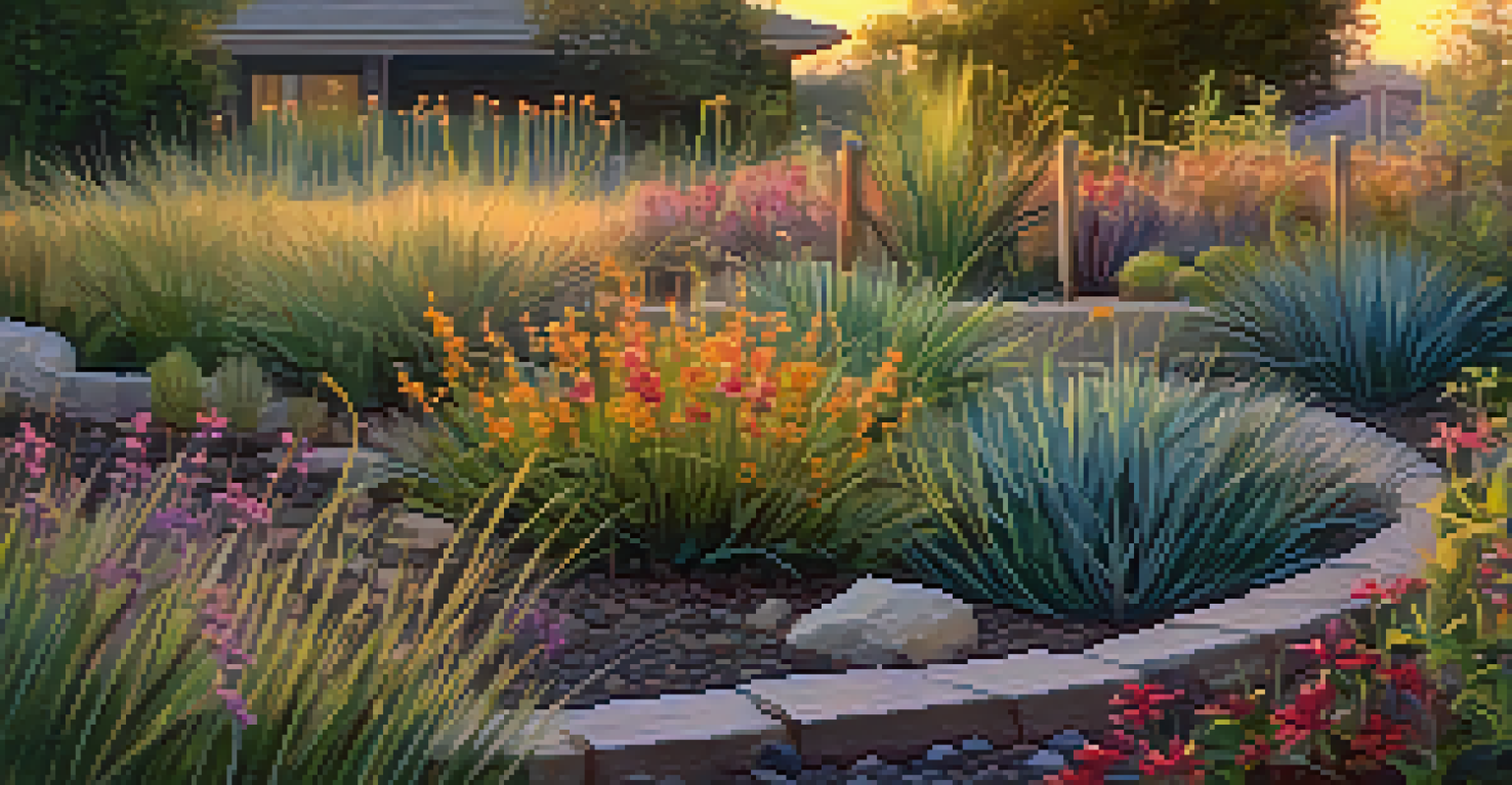 Close-up of a drip irrigation system watering native plants in a xeriscaped garden, illuminated by soft evening light.