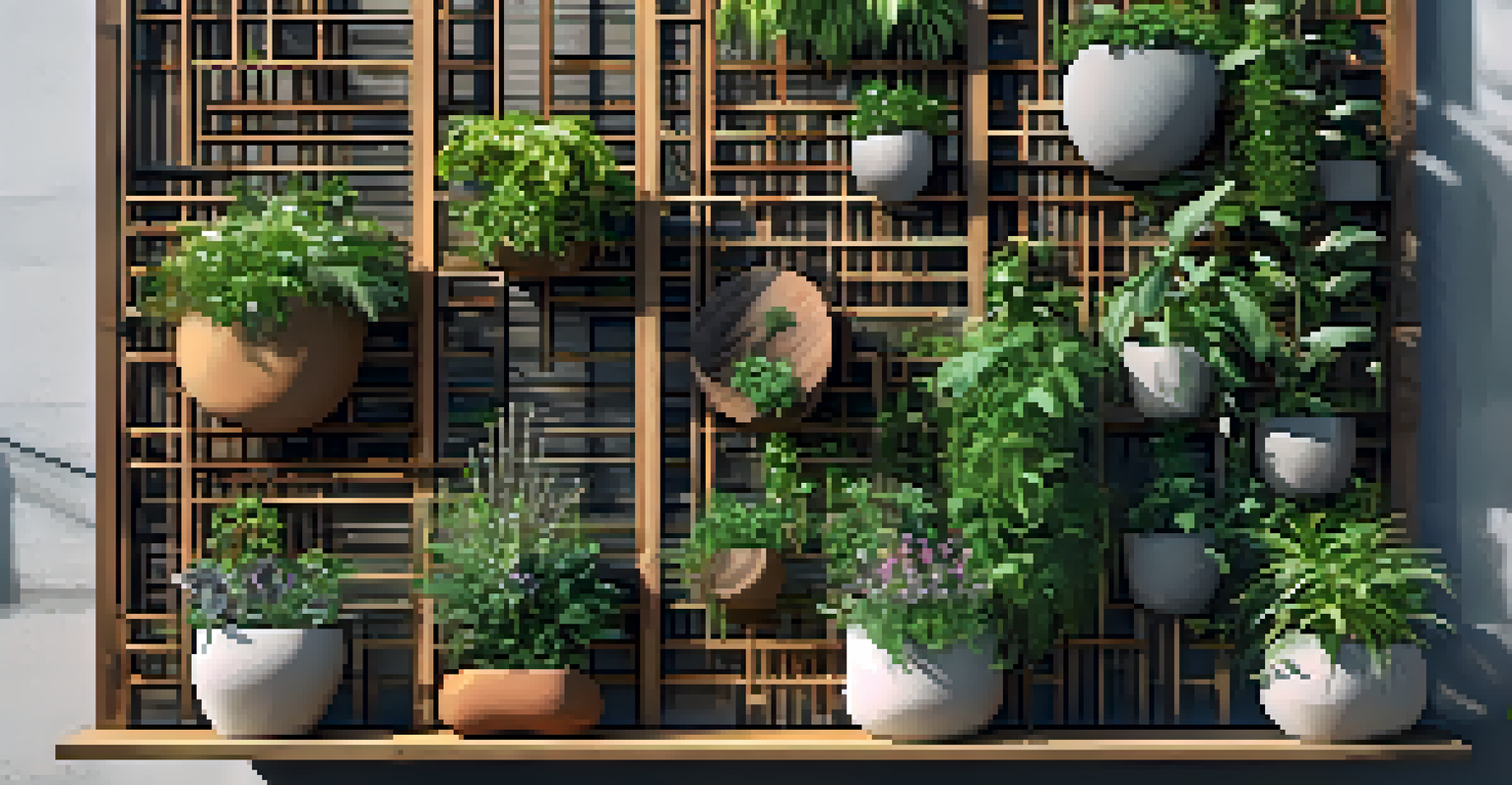 A stylish vertical garden with climbing plants and decorative pots, featuring sunlight filtering through leaves and casting shadows on a wall.