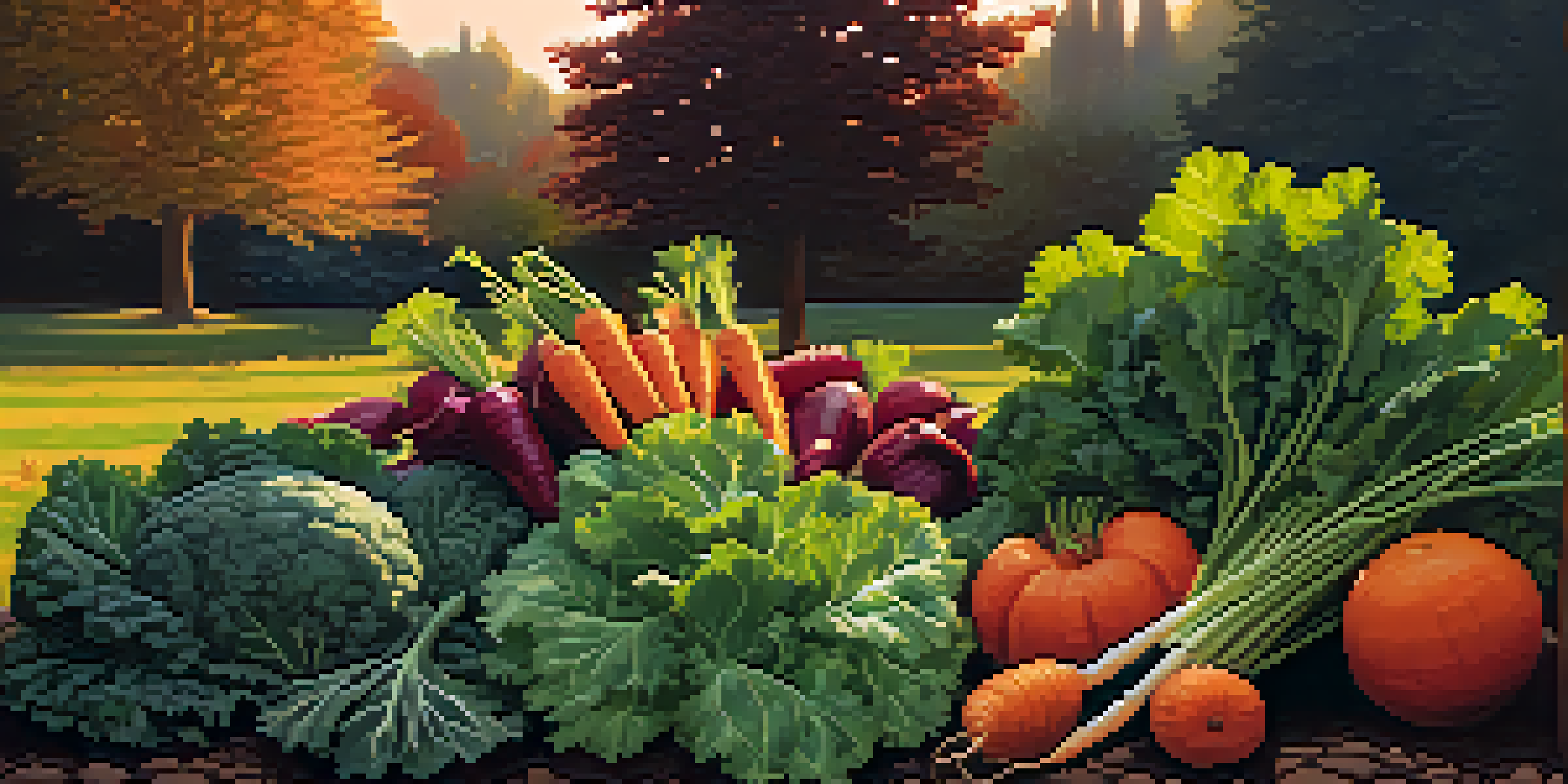 A peaceful autumn garden filled with kale, spinach, and carrots, illuminated by the warm golden light of a setting sun.