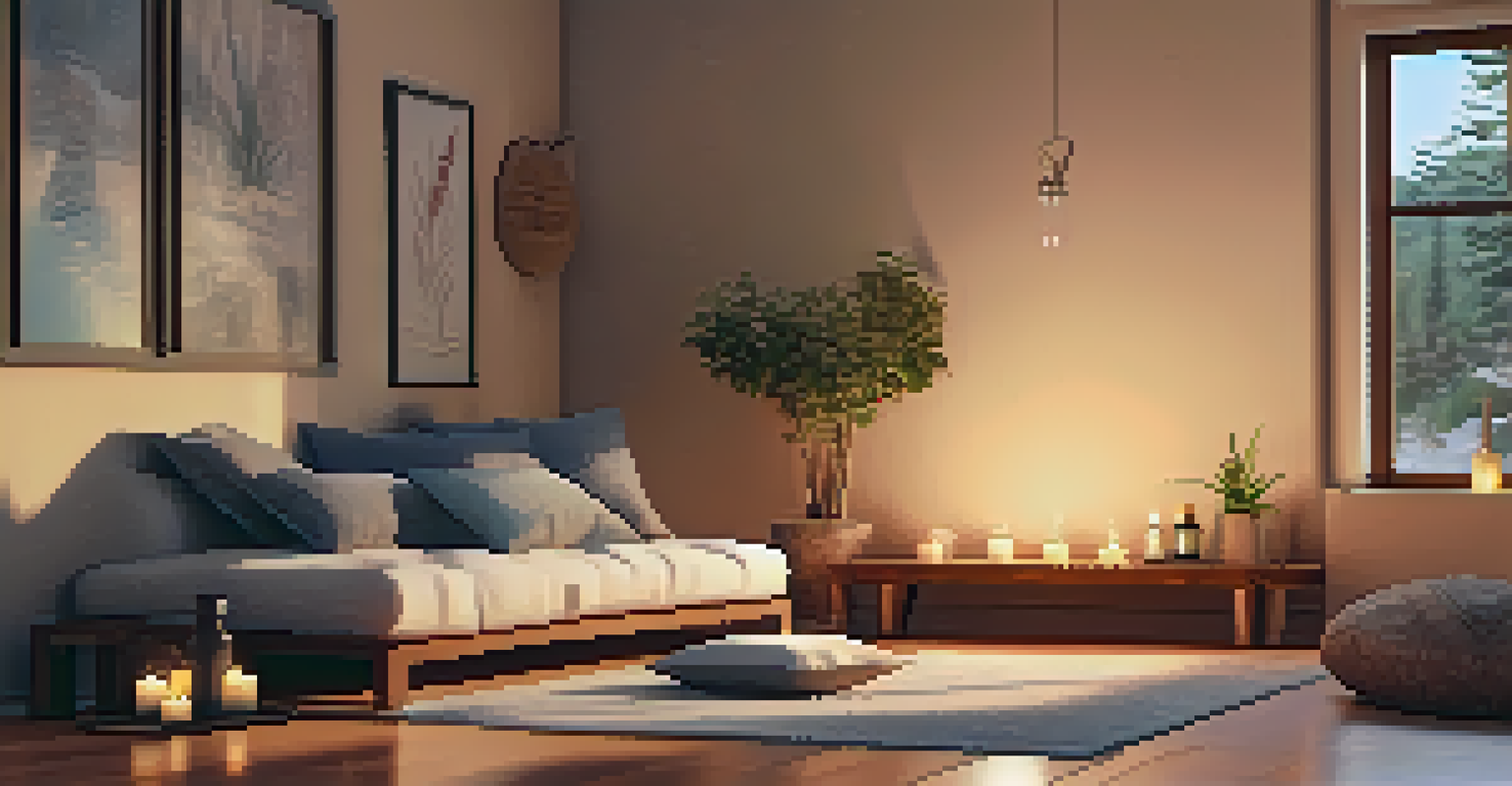 A calming meditation space with a diffuser, essential oils, and a candle, set in warm lighting.