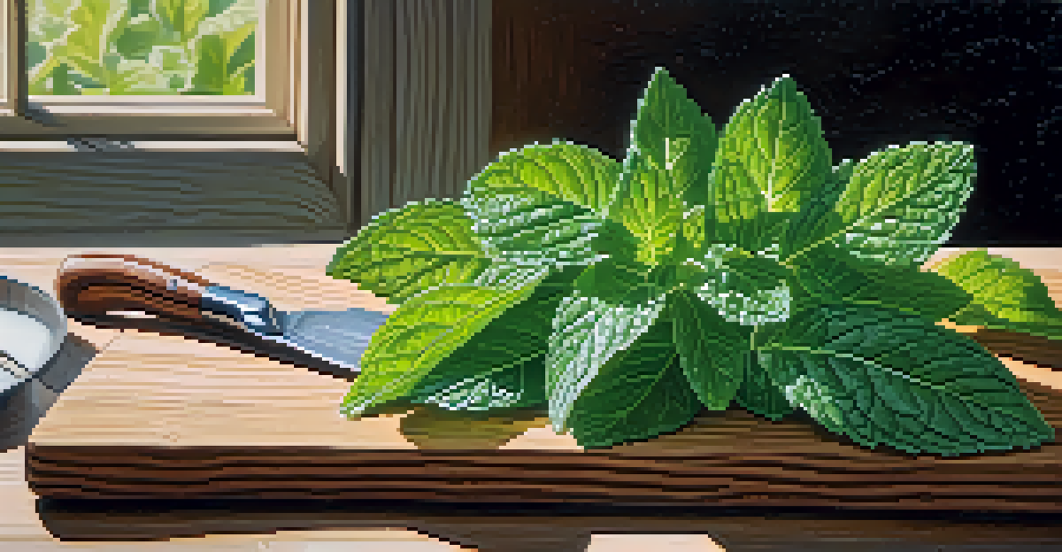 Close-up of fresh mint leaves with dew, on a wooden cutting board with scissors.