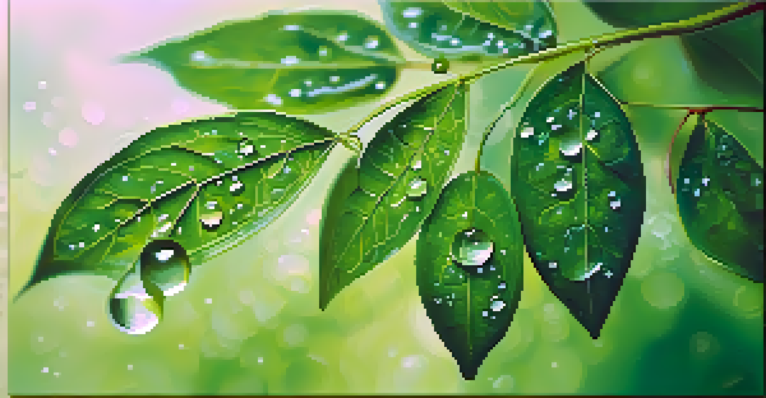 Close-up of neem leaves with dew drops, highlighting the vibrant green color and intricate textures against a blurred background.