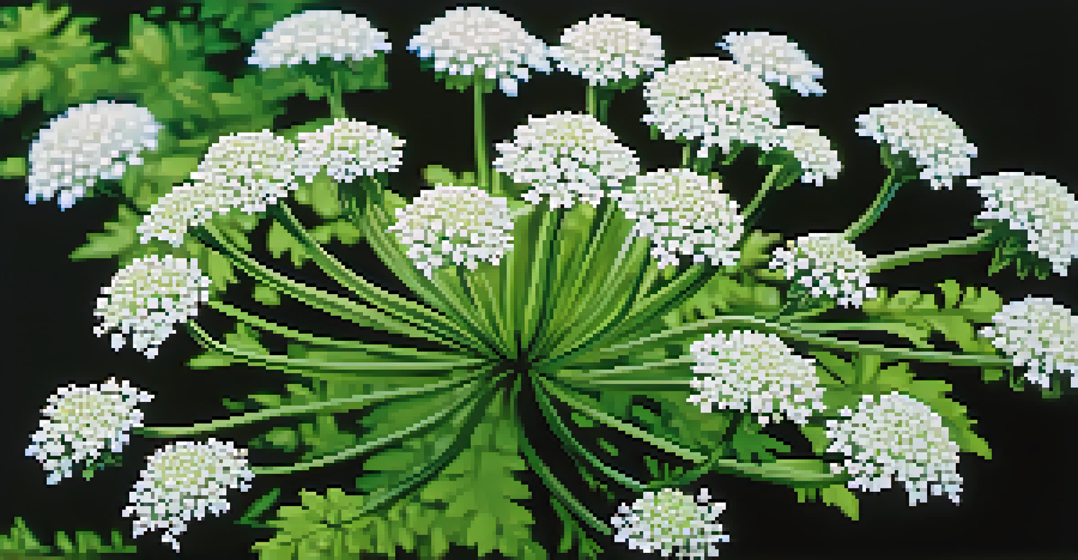 A close-up of poison hemlock flowers with vibrant white petals and green leaves.