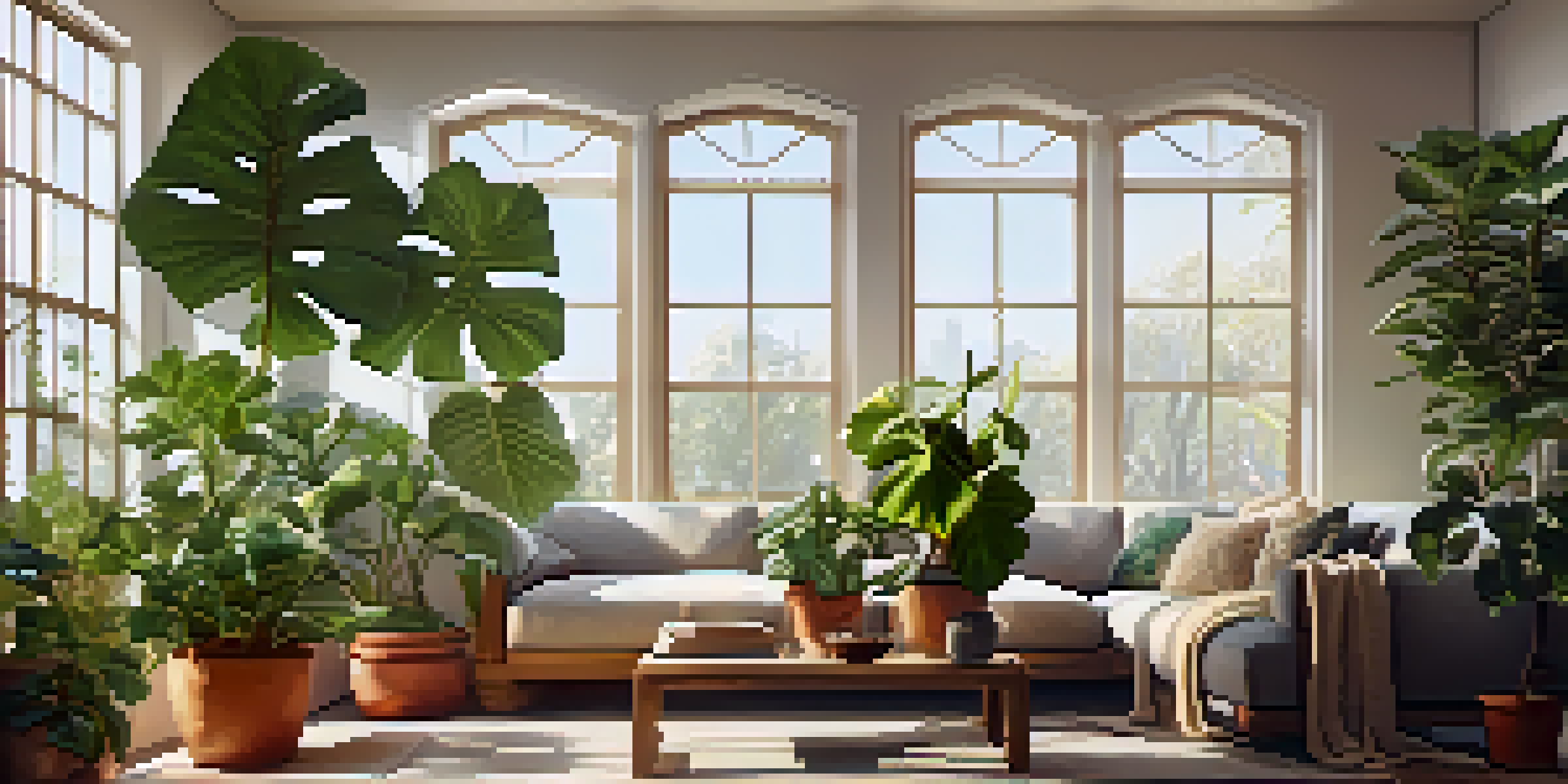 A cozy living room corner with various indoor plants, including a fiddle leaf fig and pothos, arranged in decorative ceramic pots, illuminated by natural sunlight.