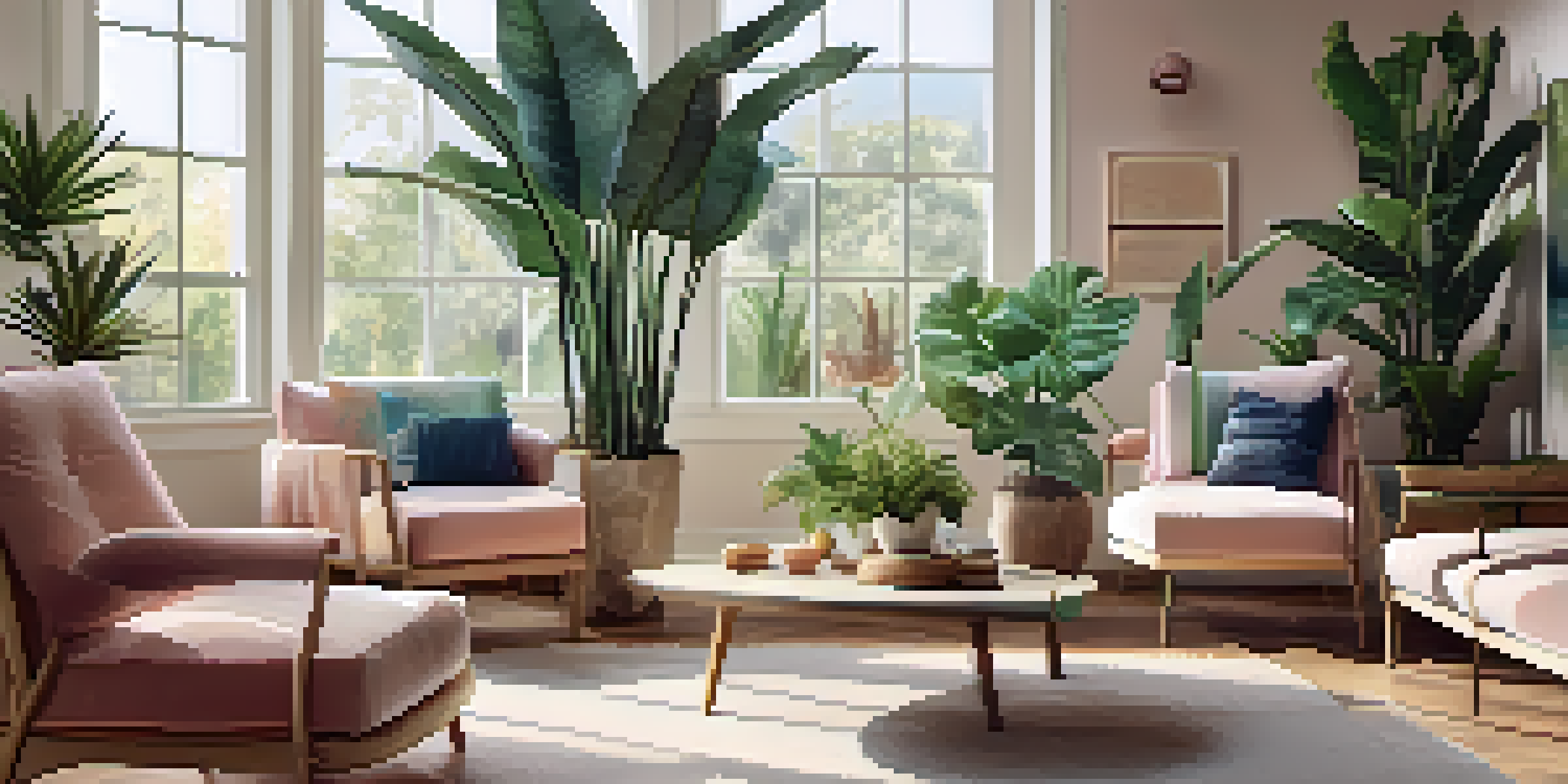 A living room with a large snake plant and other indoor plants, sunlight streaming through a window, and a modern sofa with cushions.