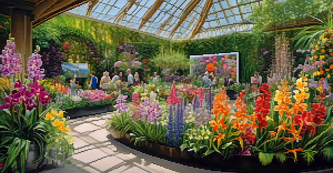 A lively garden scene at the Chelsea Flower Show, showcasing a variety of flowers and enthusiastic visitors.