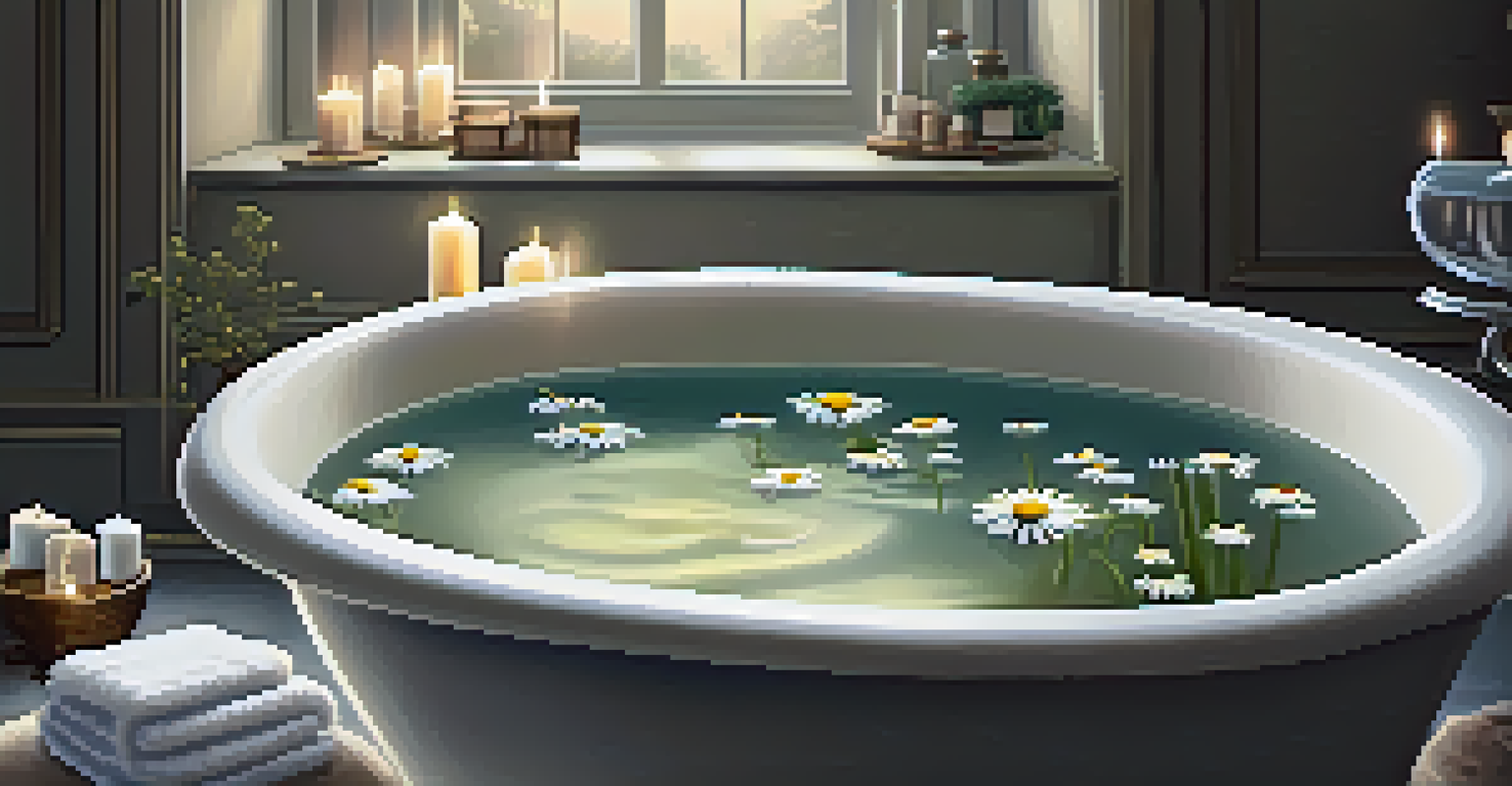 A soothing bath setup with warm water and chamomile essential oil, surrounded by flickering candles and a soft towel, creating a peaceful atmosphere.