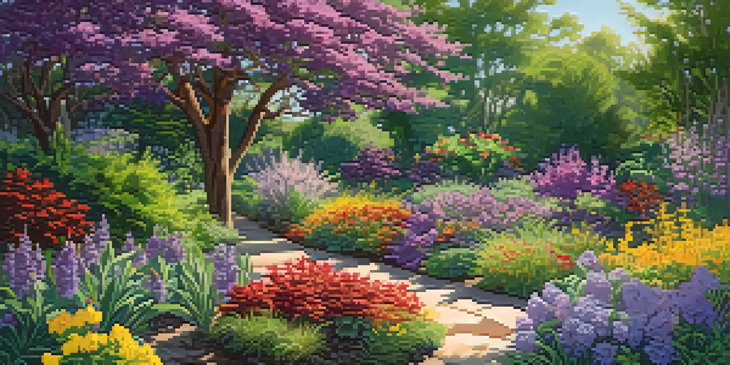 A colorful native plant garden with various flowers, shrubs, and trees, illuminated by sunlight, and attracting birds and butterflies.