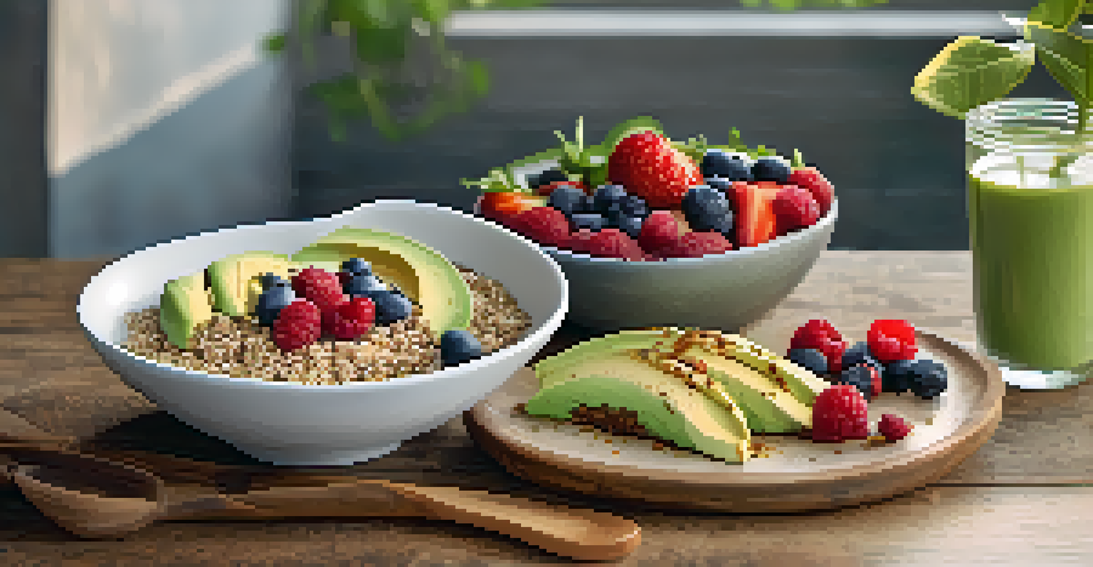 A beautifully arranged spread of plant-based foods, including quinoa salad, avocado toast, and a smoothie bowl, on a rustic table.