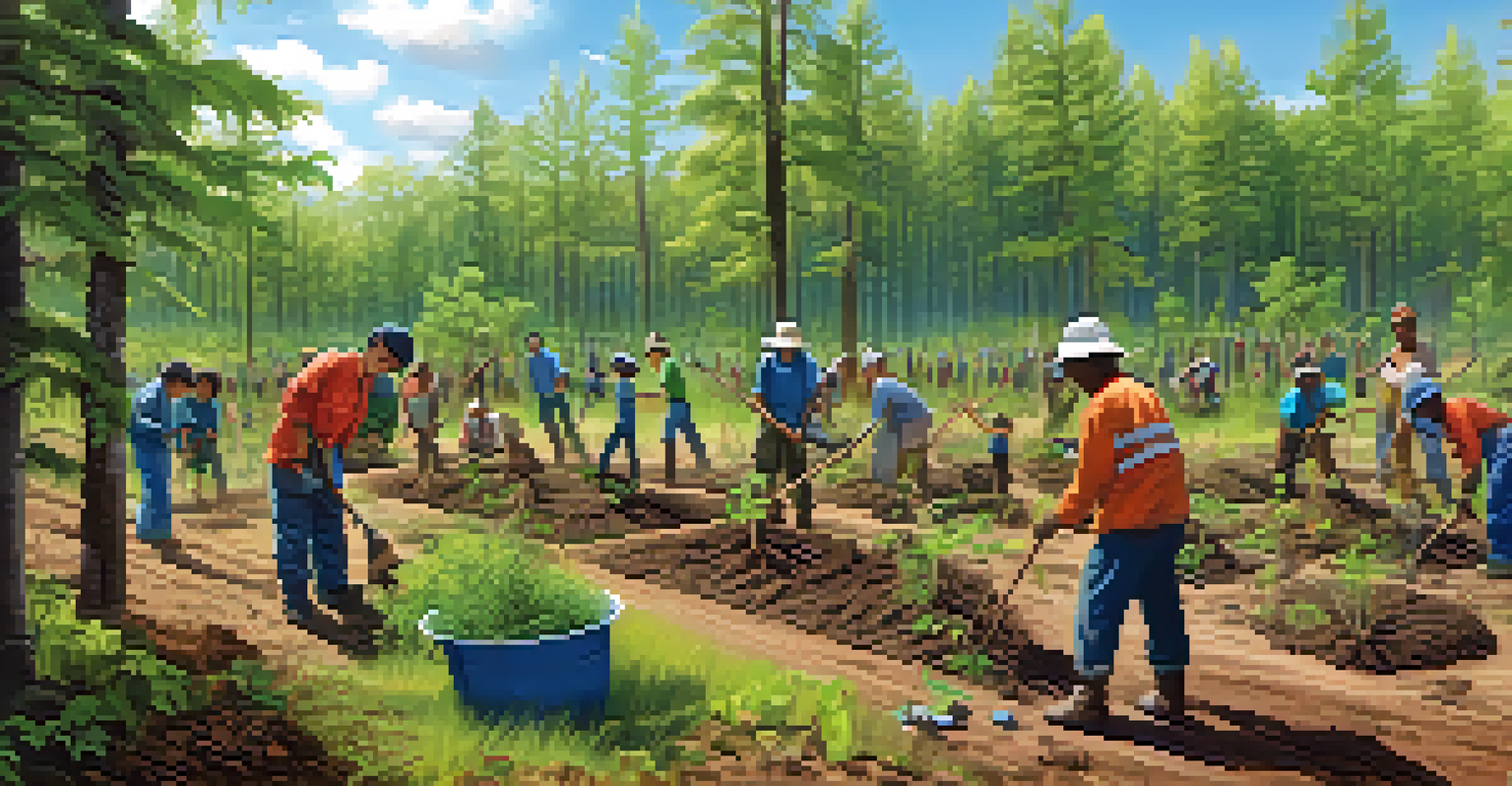 A community planting native trees in a deforested area, showcasing people of different ages working together to restore the environment.