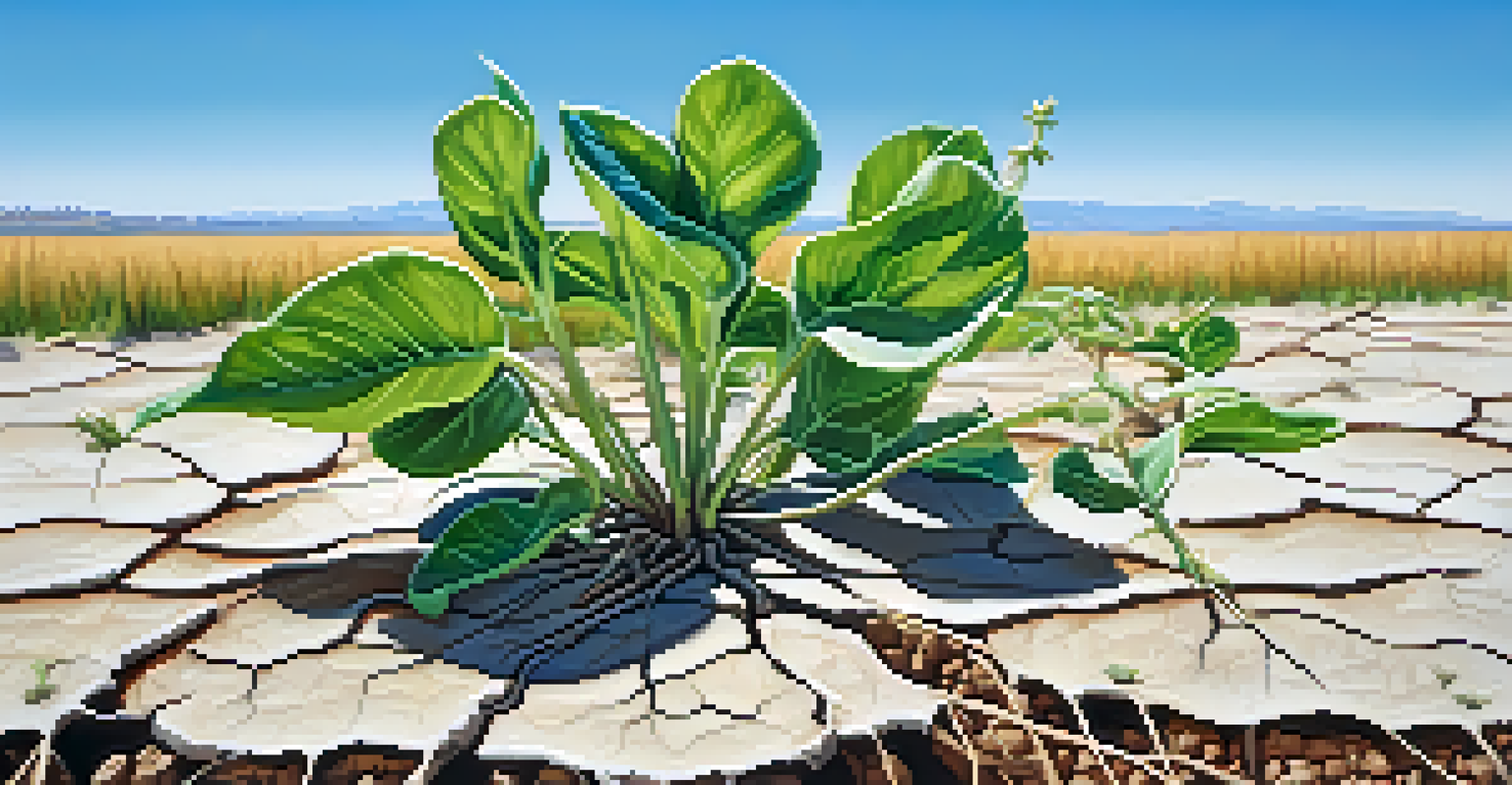 A close-up of a drought-resistant crop plant with green leaves growing in dry, cracked soil, under a bright blue sky.