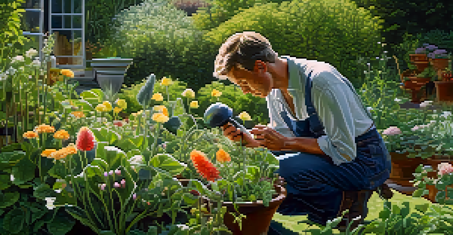 A gardener inspecting plants for powdery mildew using a magnifying glass in a bright garden filled with flowers and greenery.