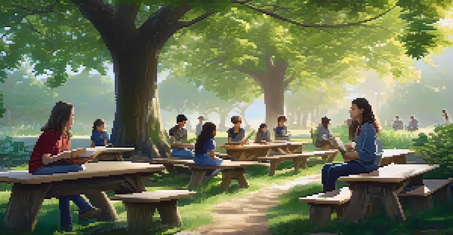 Students learning in an outdoor classroom surrounded by plants and trees, engaged in a discussion led by a teacher in a peaceful setting.