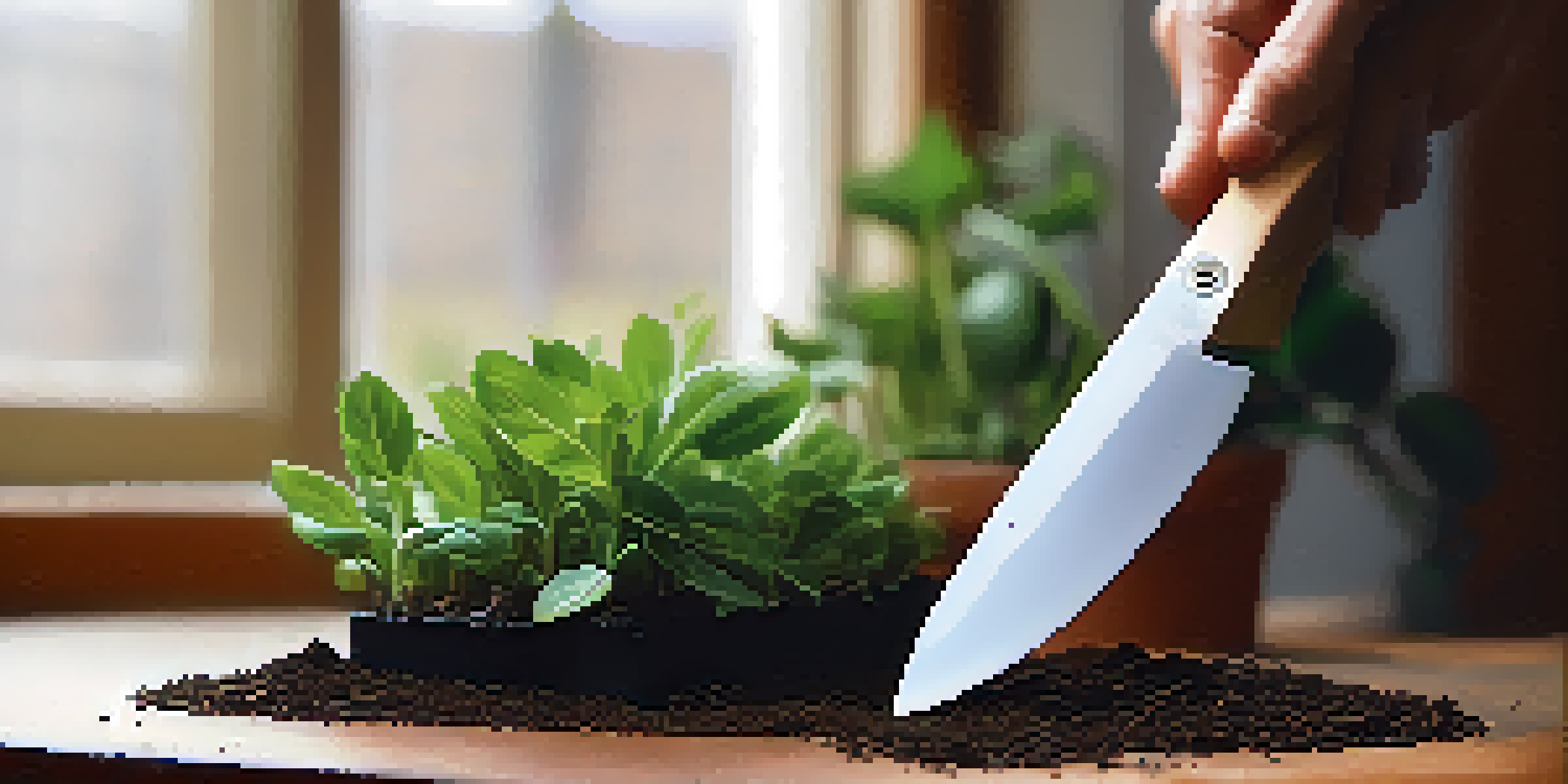 A close-up view of a healthy plant cutting being prepared for propagation with a knife nearby, showcasing green leaves and potting soil.