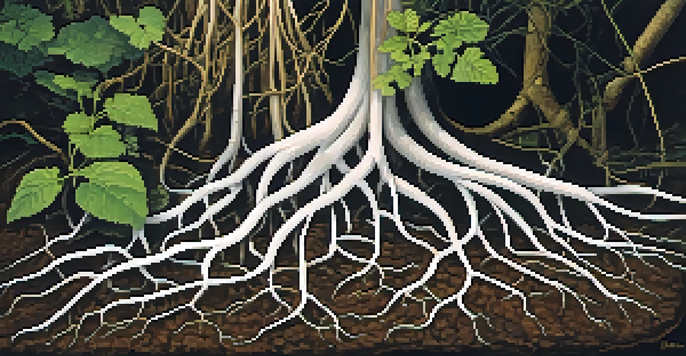 A detailed close-up of plant roots connected with white mycorrhizal fungi in dark soil, illuminated by soft natural light.