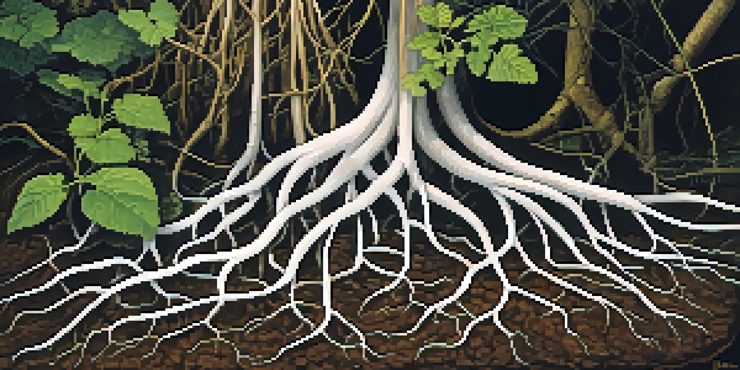 A detailed close-up of plant roots connected with white mycorrhizal fungi in dark soil, illuminated by soft natural light.