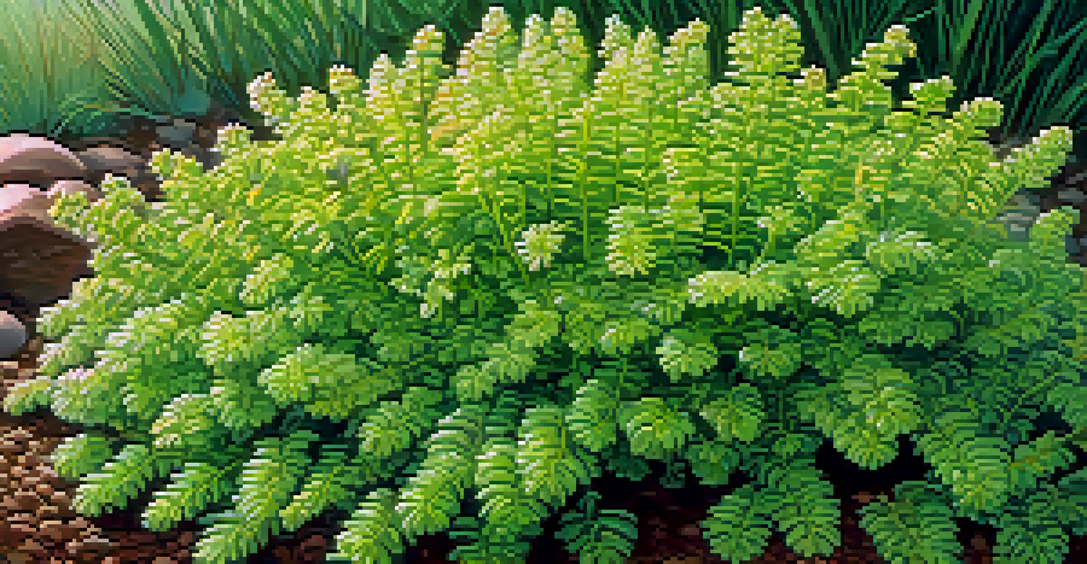 Close-up of a healthy ground cover plant with green leaves and morning dew, with blurred tall grasses in the background, illuminated by soft morning light.