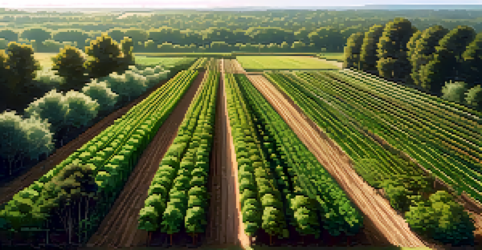 An aerial view of an agroforestry system with perennial crops and trees, showcasing a green and brown landscape.