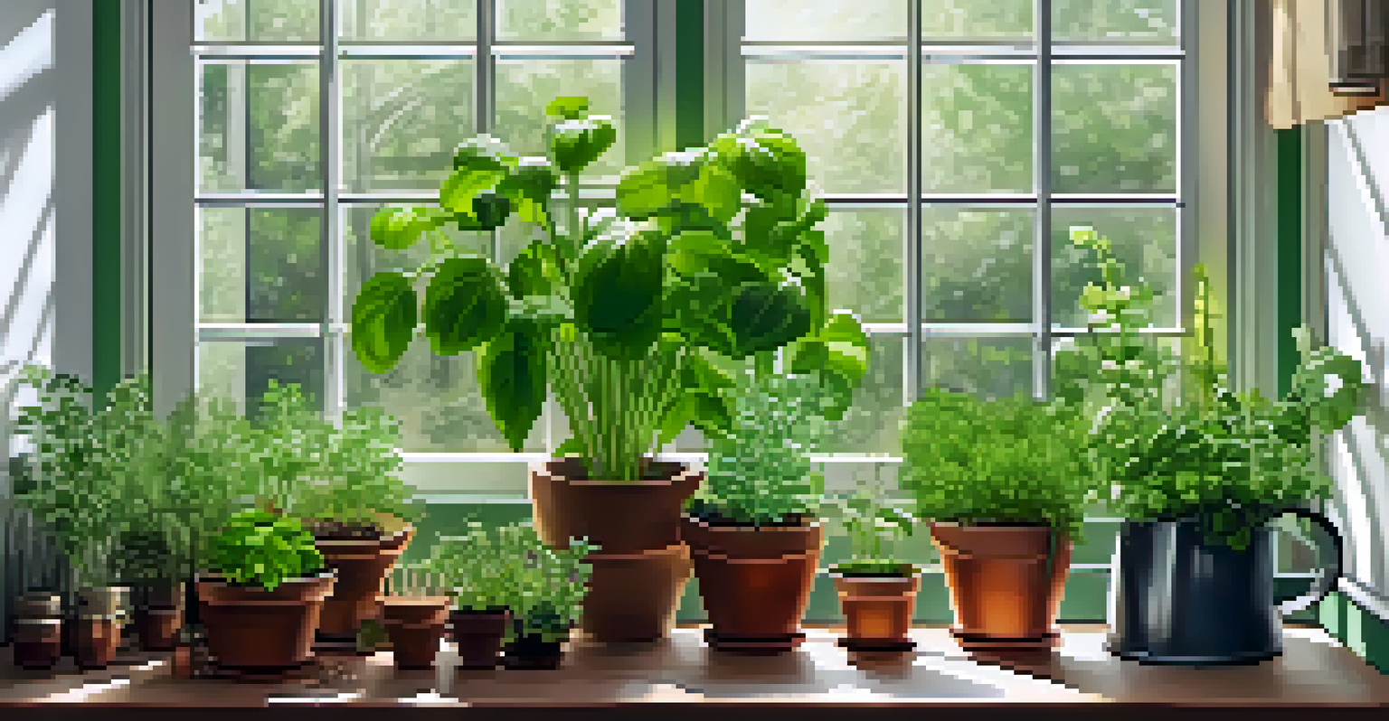 An indoor herb garden on a windowsill with pots of herbs and a grow light, surrounded by gardening tools.