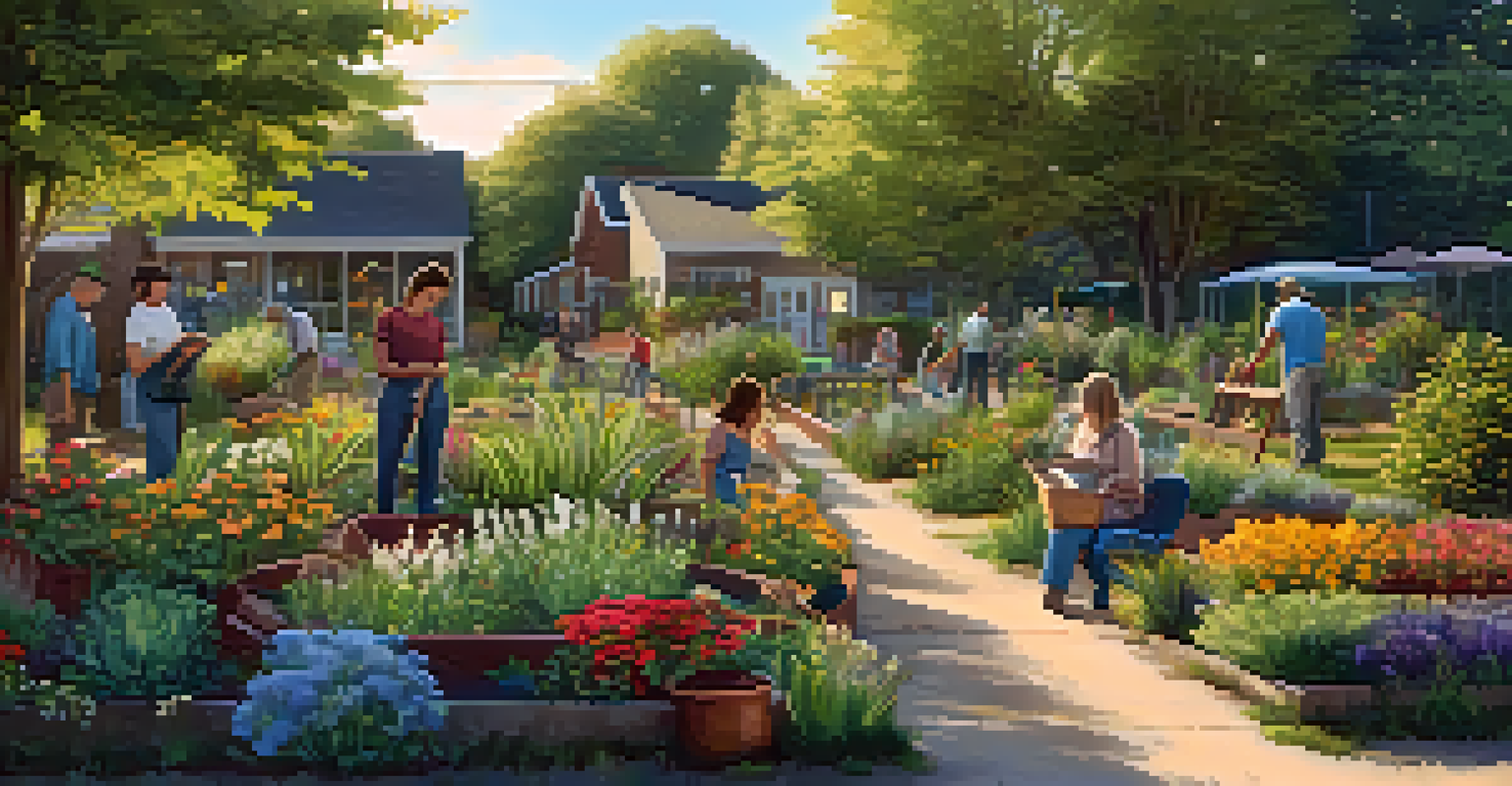 A community garden with diverse flowers and people gardening in warm evening light.