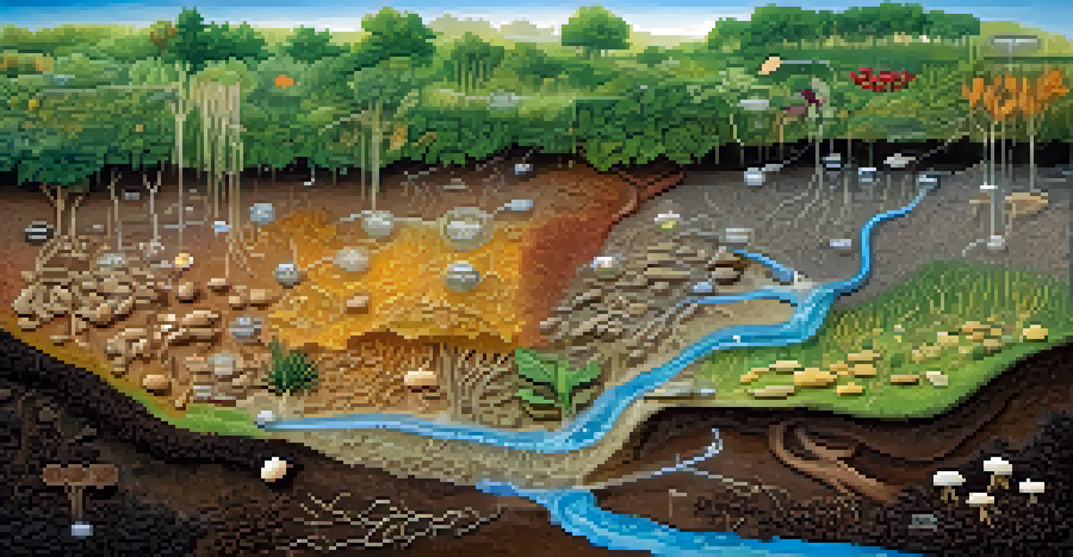 Illustration of nutrient cycling in soil with microbes breaking down organic matter and healthy roots.