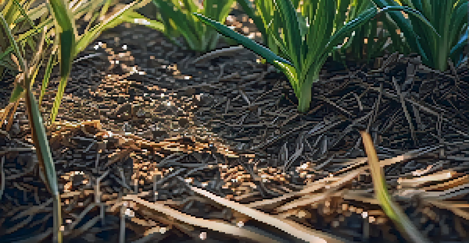 Close-up of a garden bed with straw and wood chip mulch around young plants, glistening dew droplets, and sunlight creating soft shadows.