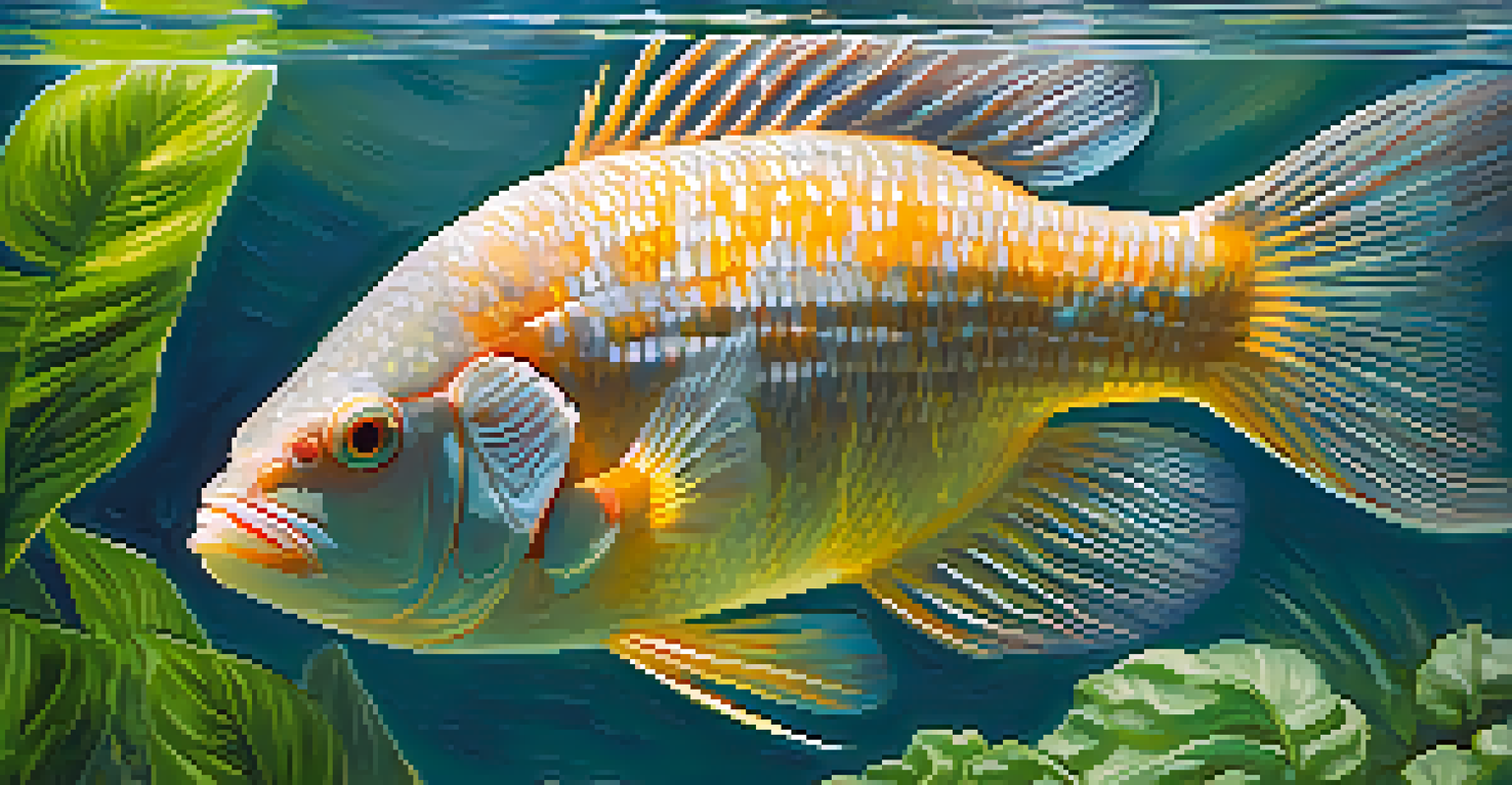 Close-up of tilapia swimming in a clear tank with leafy greens, showcasing their scales and plant textures.