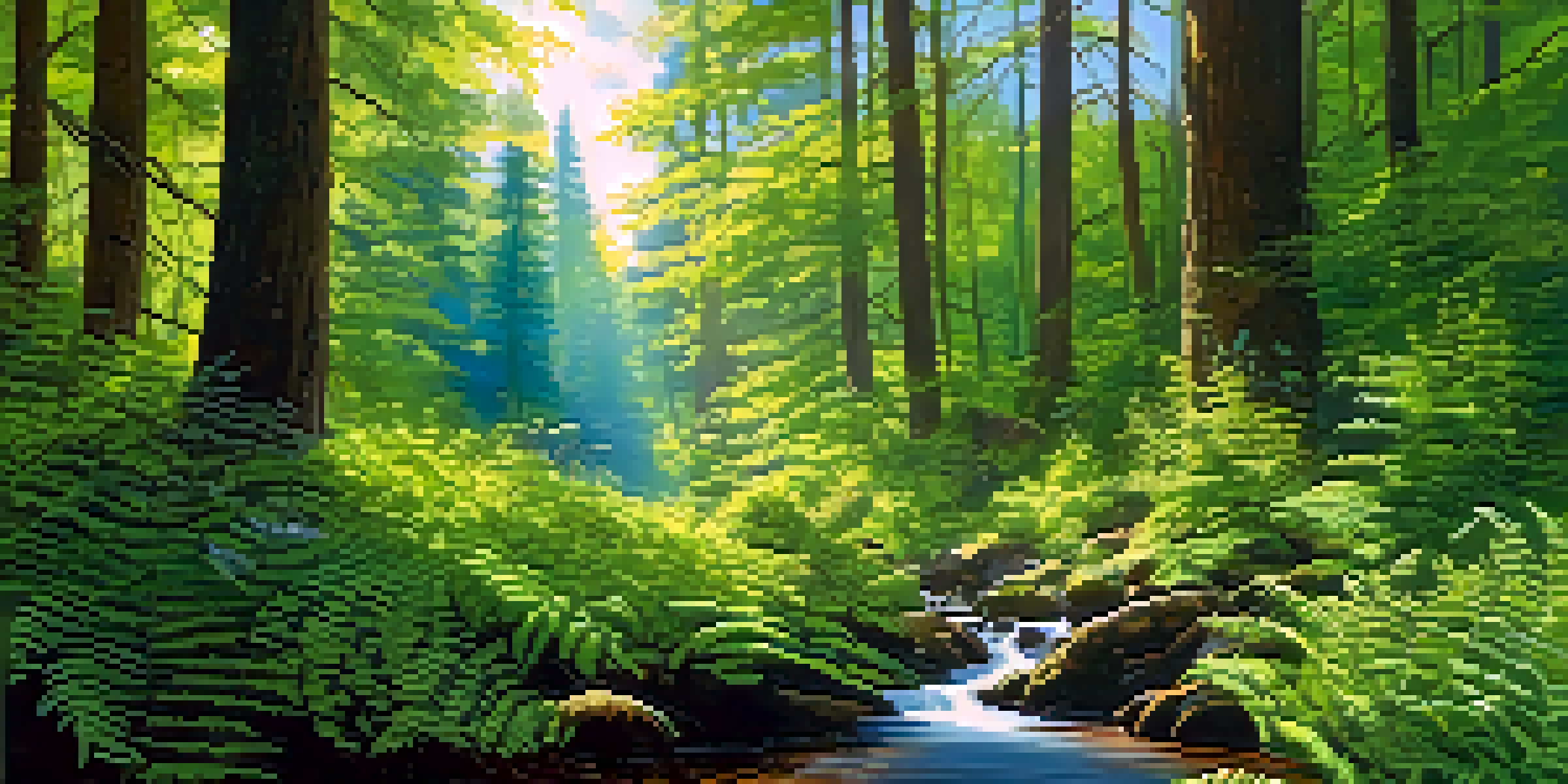 A peaceful forest with tall trees and sunlight filtering through the leaves, featuring ferns and a stream.