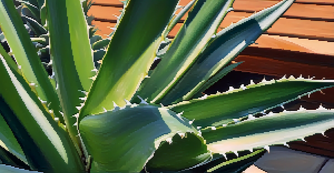 A close-up of a dewy aloe vera plant surrounded by colorful flowers and green foliage, with sunlight filtering through the leaves.