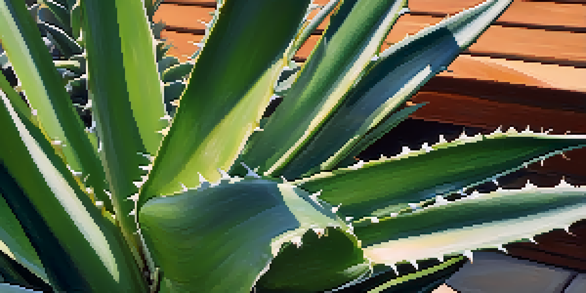 A close-up of a dewy aloe vera plant surrounded by colorful flowers and green foliage, with sunlight filtering through the leaves.