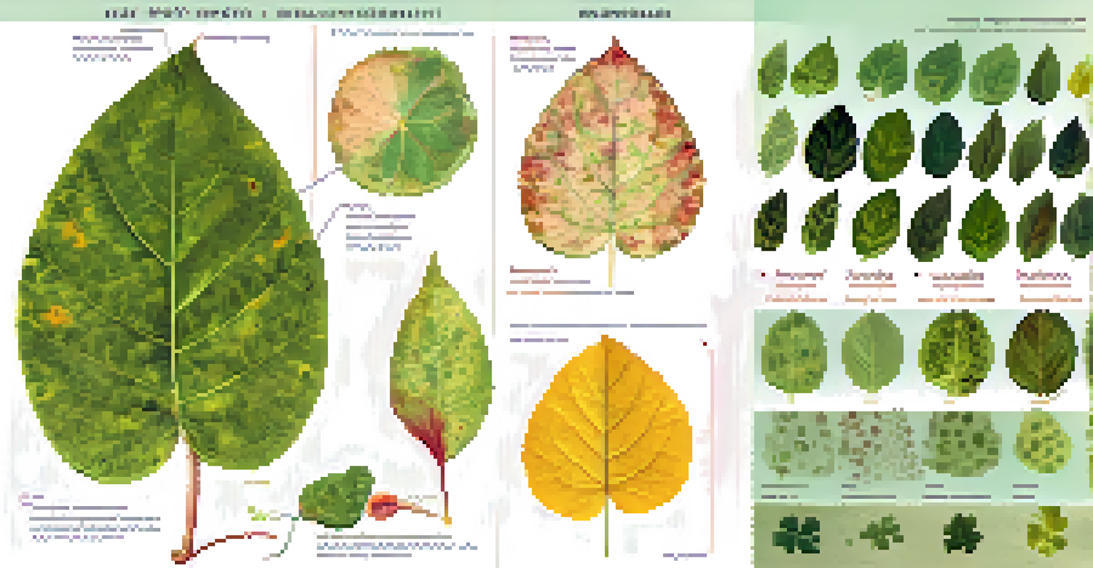 An educational illustration comparing healthy leaves and leaves affected by various types of leaf spots, with labeled characteristics.