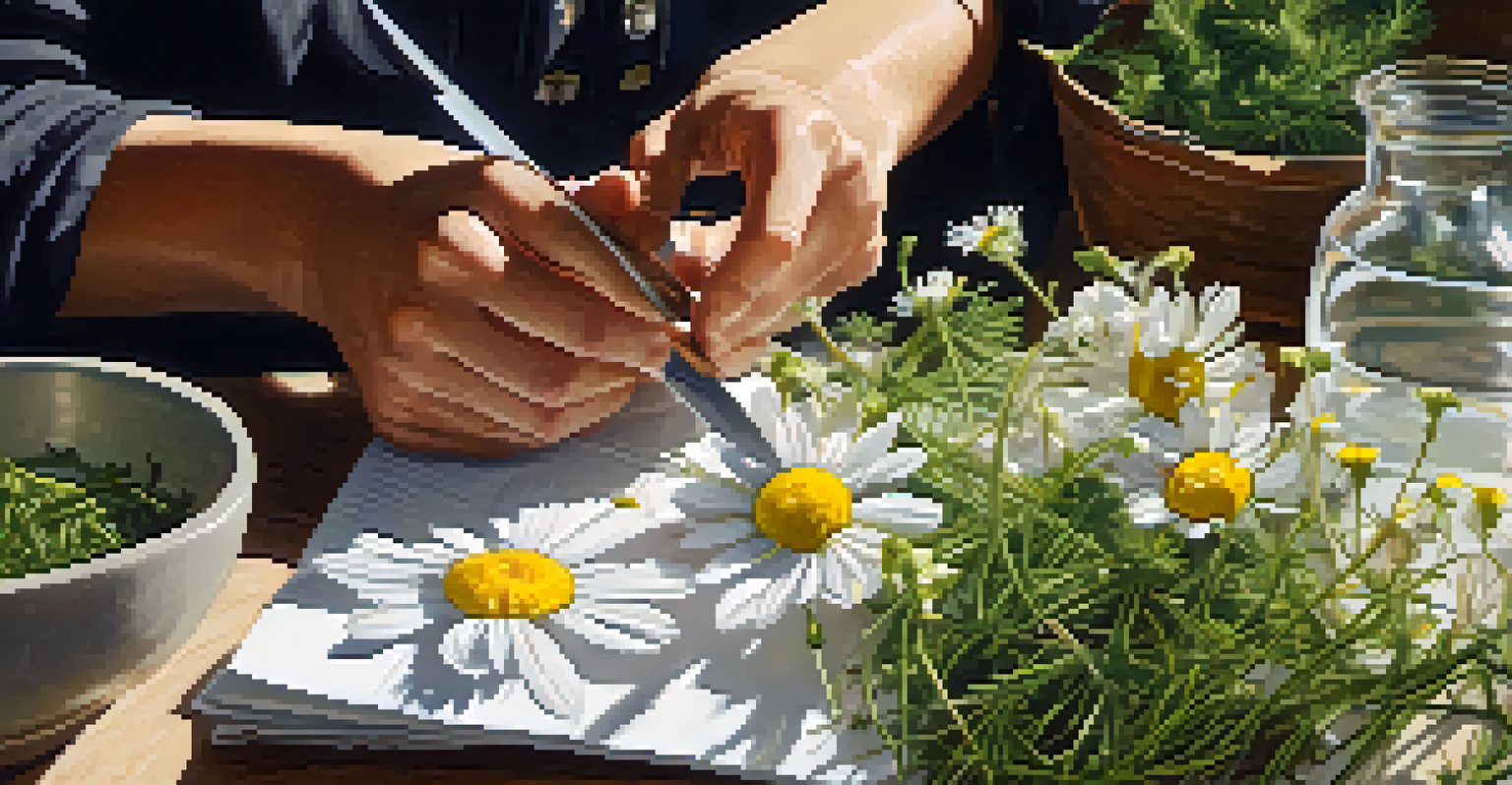 Close-up of hands rinsing chamomile flowers in a bowl, surrounded by foraged herbs and tools for preparation.