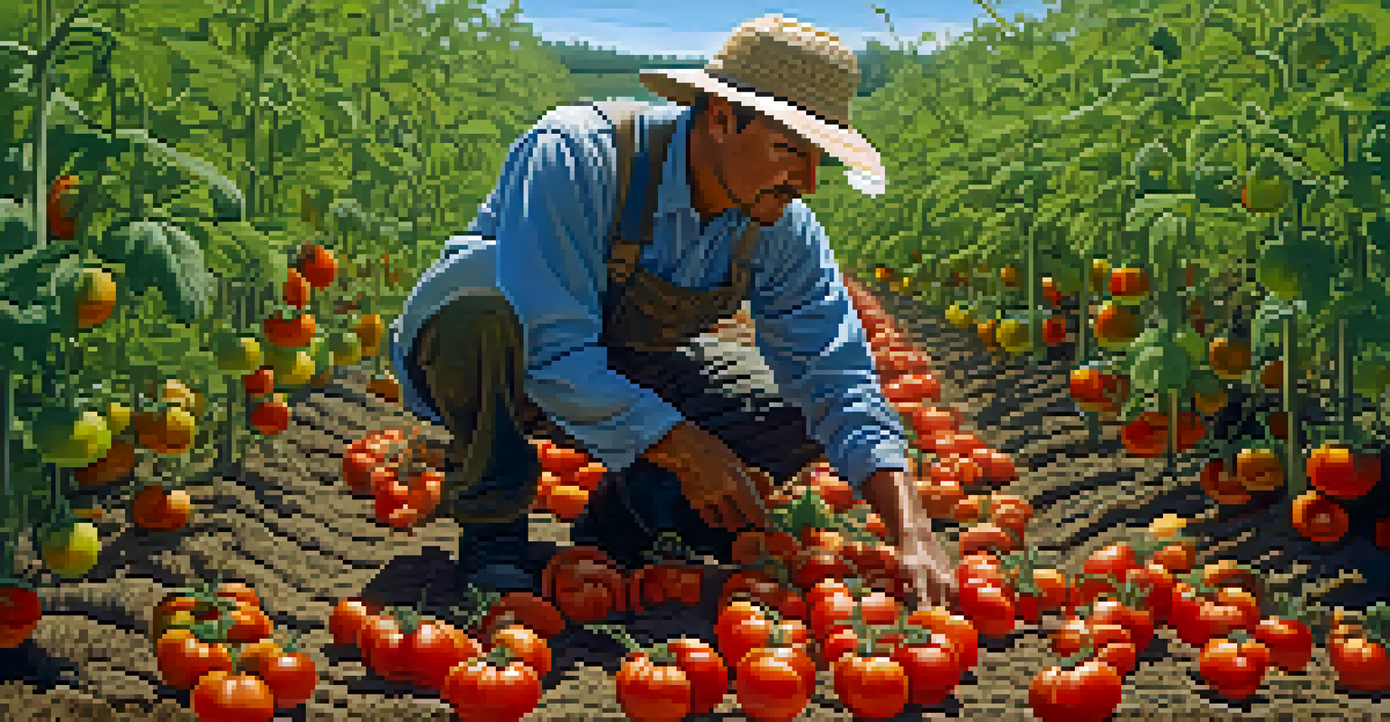 A farmer in a tomato field checking healthy plants with visible mycorrhizal fungi at their roots, under a bright blue sky.