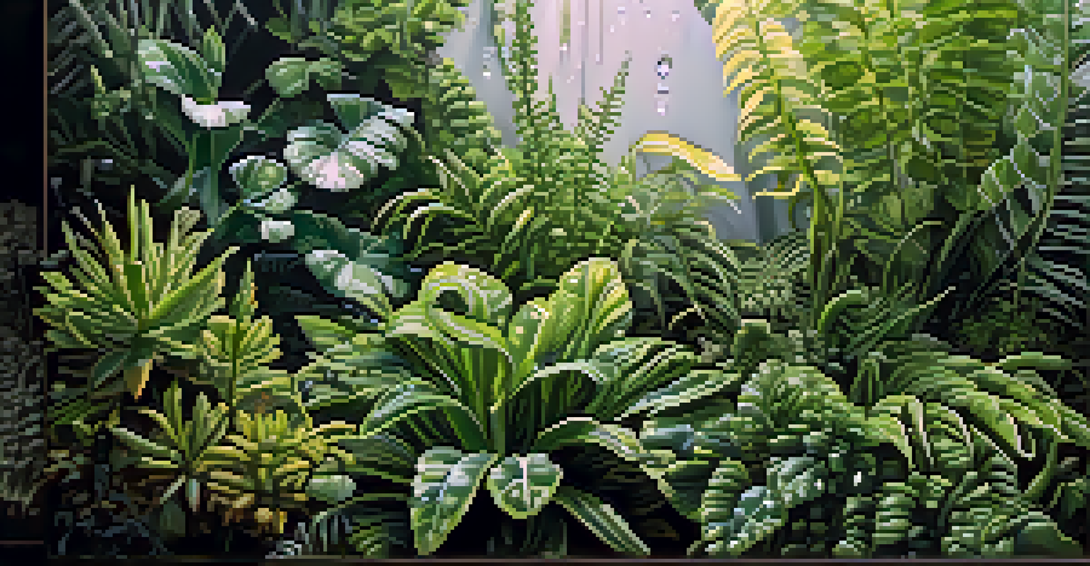 A close-up of diverse plants in a vertical garden, showcasing their textures and water droplets, with a blurred background.
