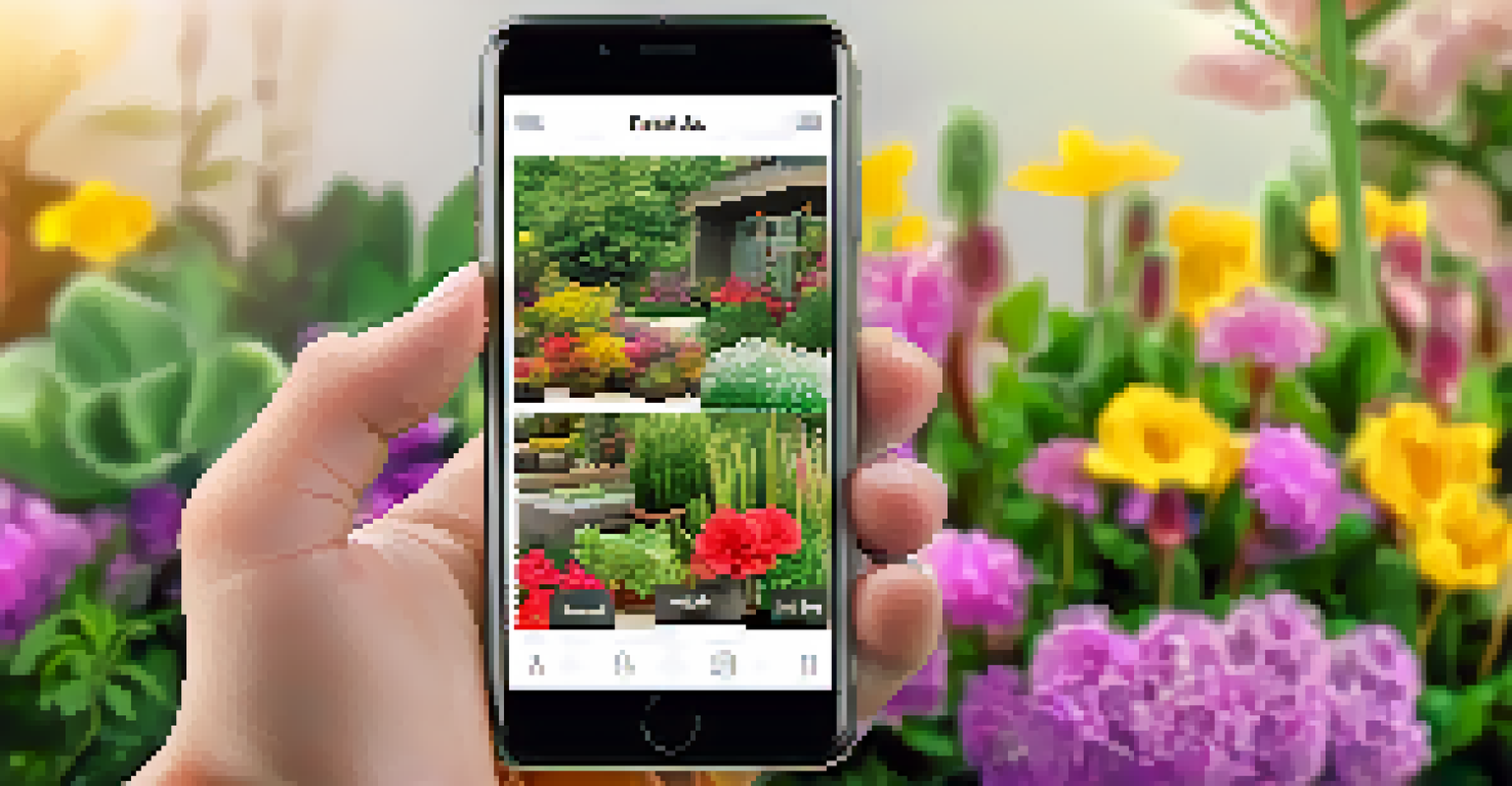 A close-up of hands holding a smartphone with a gardening app, surrounded by colorful flowering plants.