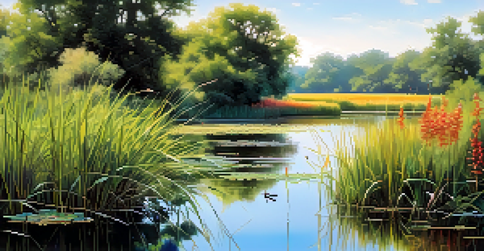 A tranquil wetland scene featuring green reeds, colorful wildflowers, a calm pond, and native birds perched on the reeds, with a dragonfly above the water.