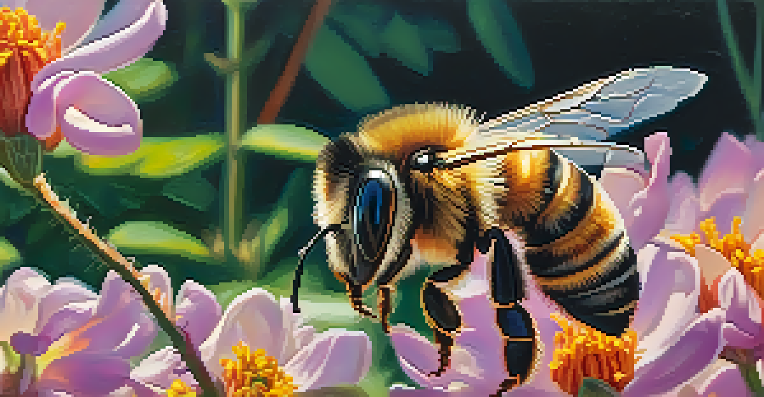A close-up of a bee pollinating a colorful flower in a community garden, with soft sunlight filtering through the leaves.